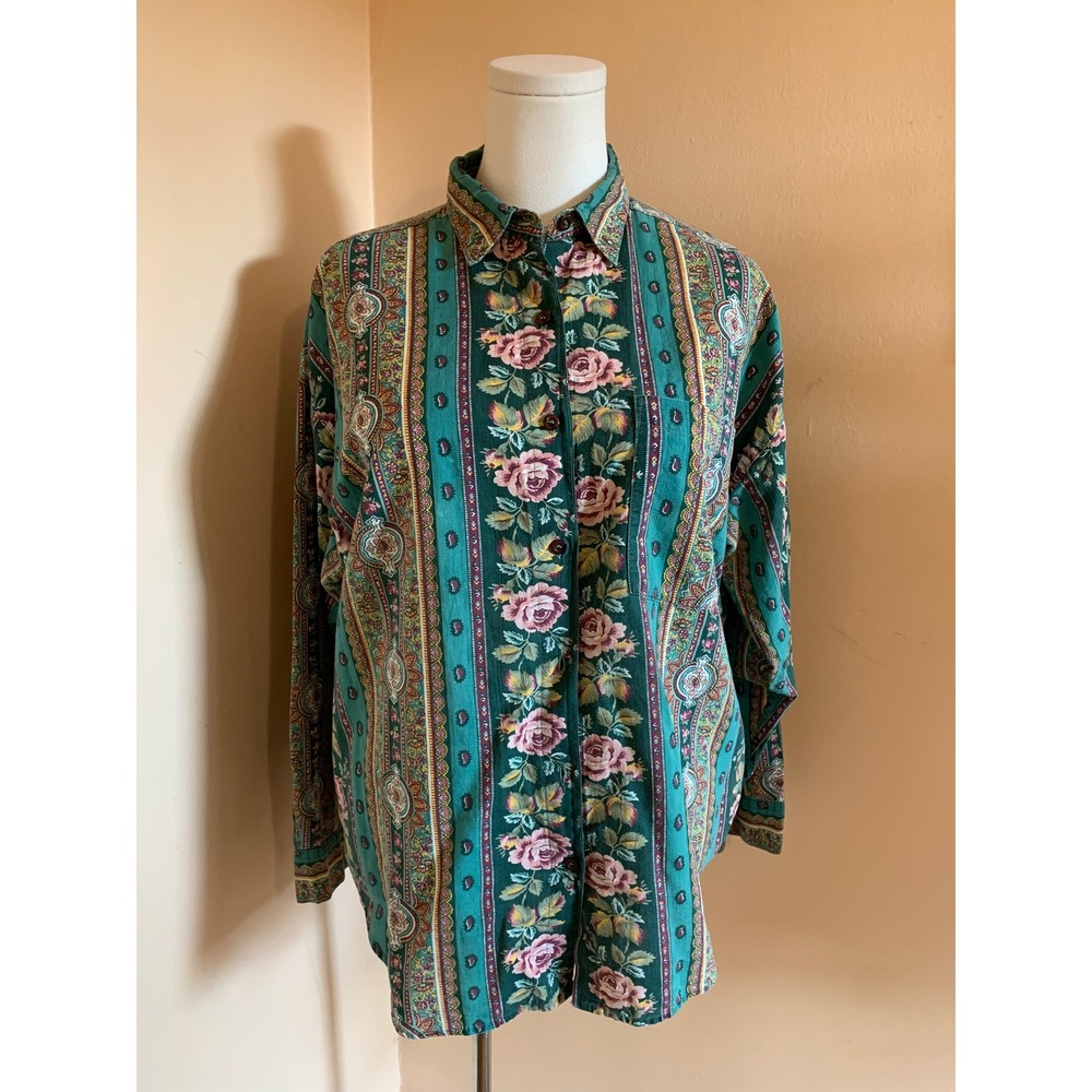 Take Away Pure Love Floral Paisley Cotton Button Up Shirt Large Green Vintage